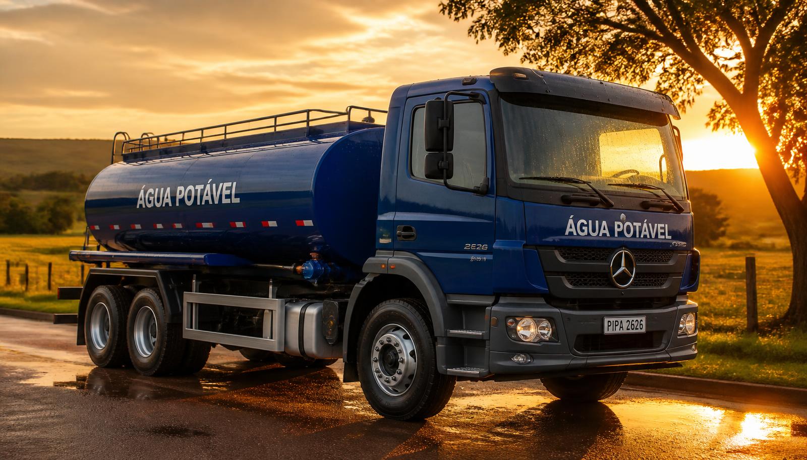 Caminhão pipa de água azul estacionado em estrada rural ao pôr do sol